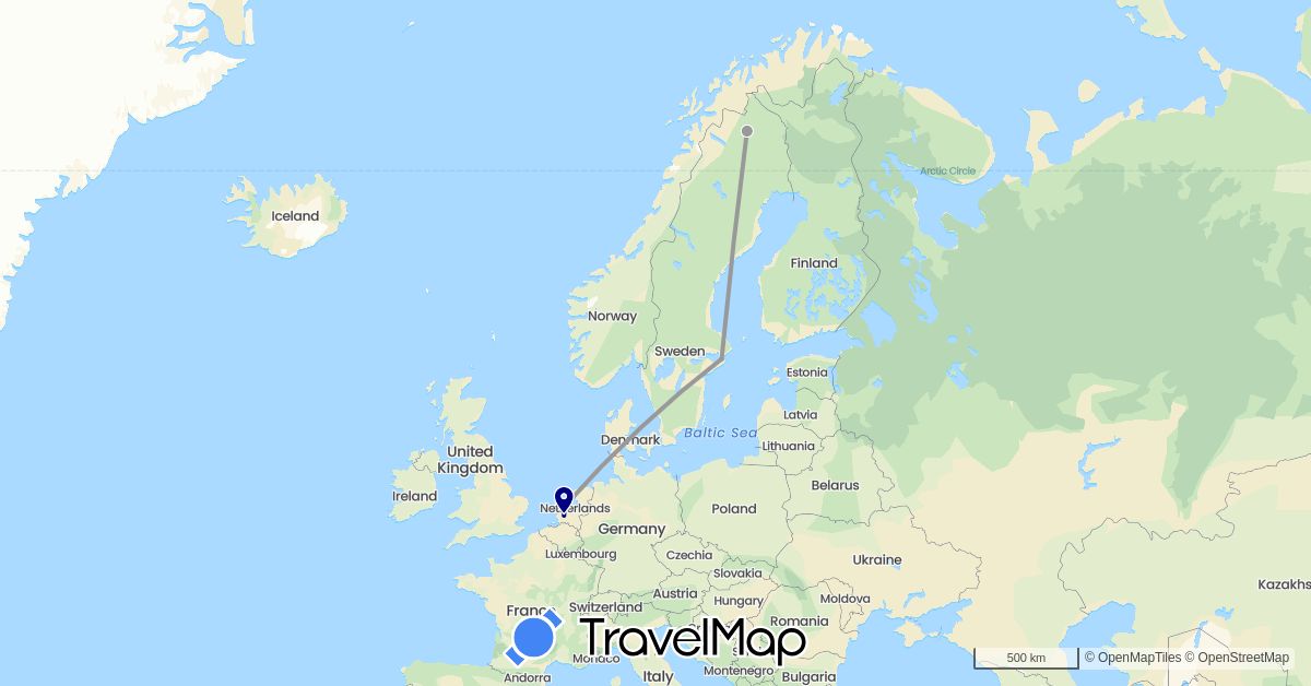 TravelMap itinerary: driving, plane in Netherlands, Sweden (Europe)